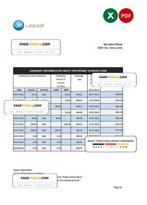 Qatar Islamic bank statement, Excel and PDF template