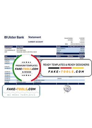 Republic of Ireland Ulster Bank statement easy to fill template in Excel and PDF format