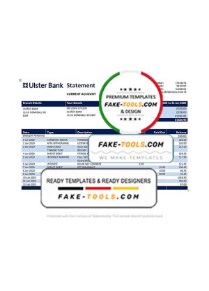 Republic of Ireland Ulster Bank statement template in Word and PDF format, good for address prove