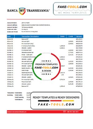 Romania Banca Transilvania bank statement easy to fill template in .xls and .pdf file format