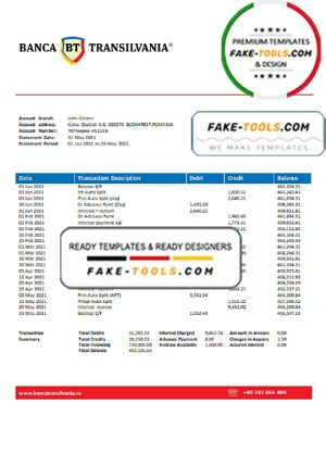 Romania Banca Transilvania bank statement template in Word and PDF format