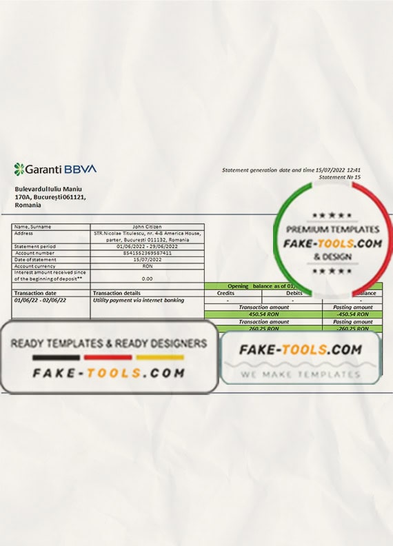 Romania Garanti BBVA bank proof of address statement template in Word and PDF format Romania Garanti BBVA bank proof of address statement template in Word and PDF format