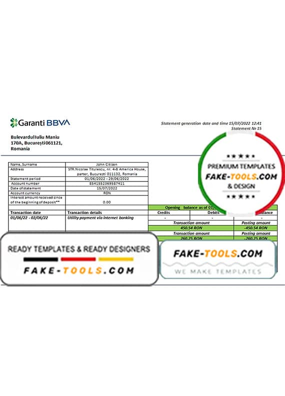 Romania Garanti BBVA bank proof of address statement template in Word and PDF format Romania Garanti BBVA bank proof of address statement template in Word and PDF format