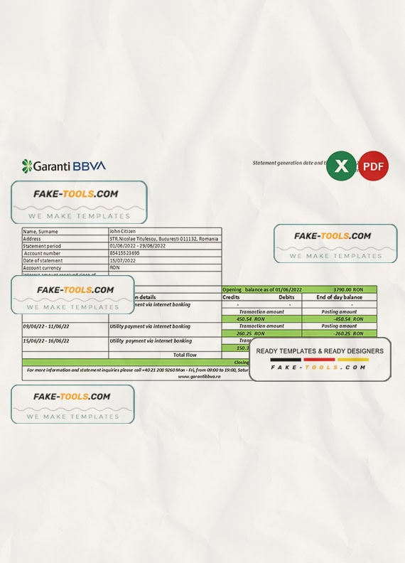 Romania Garanti BBVA bank statement, Excel and PDF template Romania Garanti BBVA bank statement, Excel and PDF template