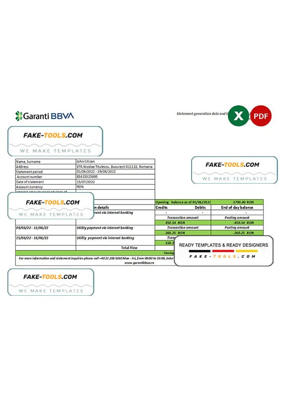 Romania Garanti BBVA bank statement, Excel and PDF template Romania Garanti BBVA bank statement, Excel and PDF template