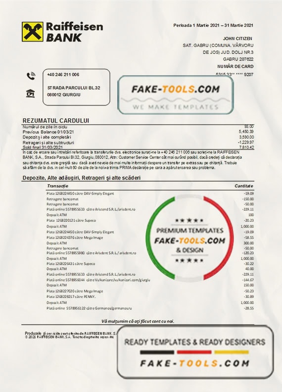 Romania Raiffeisen bank statement template in Excel and PDF format (in Romanian language) Romania Raiffeisen bank statement template in Excel and PDF format (in Romanian language)
