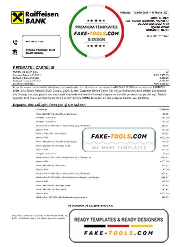 Romania Raiffeisen bank statement template in Word and PDF format (in Romanian language) Romania Raiffeisen bank statement template in Word and PDF format (in Romanian language)