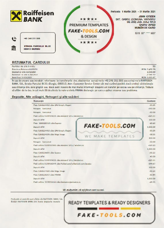 Romania Raiffeisen bank statement template in Word and PDF format (in Romanian language) Romania Raiffeisen bank statement template in Word and PDF format (in Romanian language)