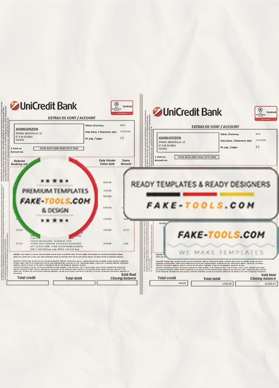 Romania UniCredit Bank statement template in Excel and PDF format (2 pages) in Romanian and English languages Romania UniCredit Bank statement template in Excel and PDF format (2 pages) in Romanian and English languages
