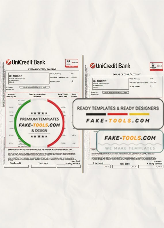 Romania UniCredit Bank statement template in Word and PDF format (2 pages) in Romanian and English languages Romania UniCredit Bank statement template in Word and PDF format (2 pages) in Romanian and English languages