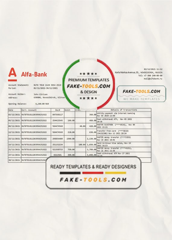 Russia Alfa bank proof of address statement template in Word and PDF format Russia Alfa bank proof of address statement template in Word and PDF format