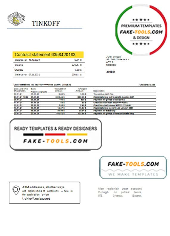 Russia Tinkoff bank proof of address statement (English version) template in Word and PDF format Russia Tinkoff bank proof of address statement (English version) template in Word and PDF format