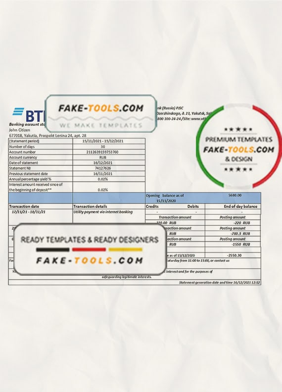 Russia VTB bank proof of address statement template in Word and PDF format Russia VTB bank proof of address statement template in Word and PDF format