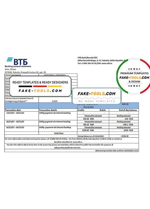Russia VTB bank statement easy to fill template in .xls and .pdf file format Russia VTB bank statement easy to fill template in .xls and .pdf file format