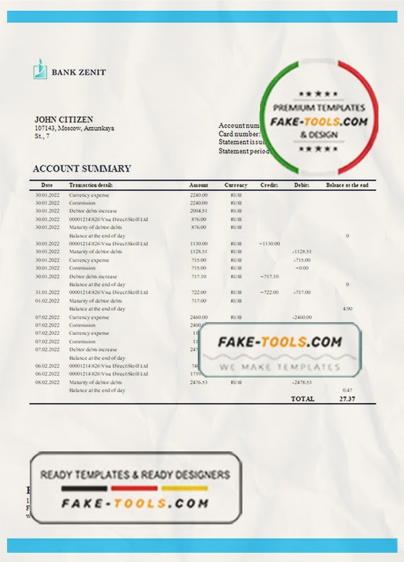 Russia Zenit Bank bank proof of address statement template in Word and PDF format Russia Zenit Bank bank proof of address statement template in Word and PDF format