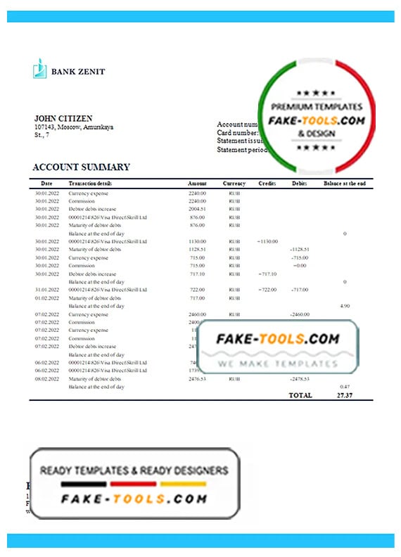 Russia Zenit Bank bank proof of address statement template in Word and PDF format Russia Zenit Bank bank proof of address statement template in Word and PDF format