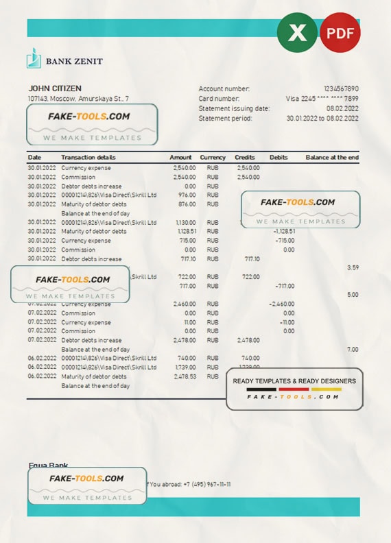 Russia Zenit bank statement, Excel and PDF template Russia Zenit bank statement, Excel and PDF template
