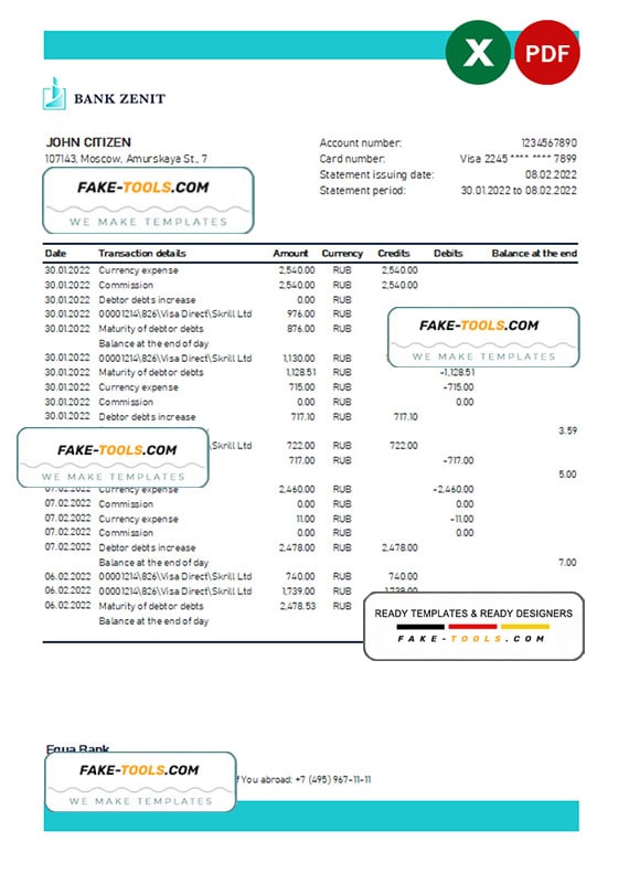Russia Zenit bank statement, Excel and PDF template Russia Zenit bank statement, Excel and PDF template