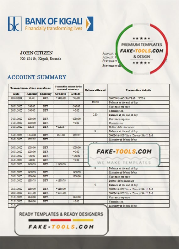 Rwanda Bank of Kigali bank proof of address statement template in Word and PDF format Rwanda Bank of Kigali bank proof of address statement template in Word and PDF format