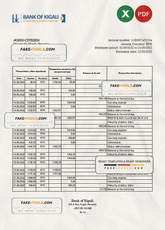 Rwanda Bank of Kigali bank statement, Excel and PDF template Rwanda Bank of Kigali bank statement, Excel and PDF template