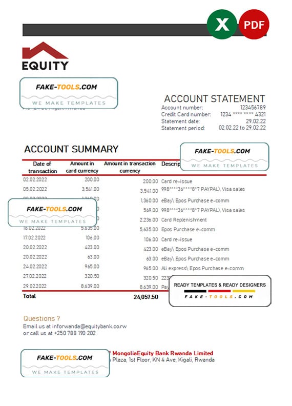 Rwanda Equity bank statement, Excel and PDF template Rwanda Equity bank statement, Excel and PDF template