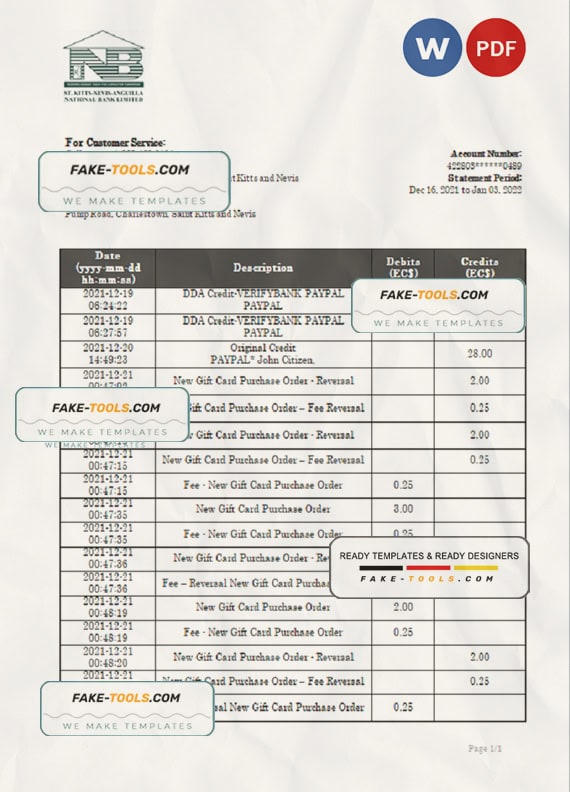 Saint Kitts and Nevis SKNA bank proof of address statement template in Word and PDF format Saint Kitts and Nevis SKNA bank proof of address statement template in Word and PDF format