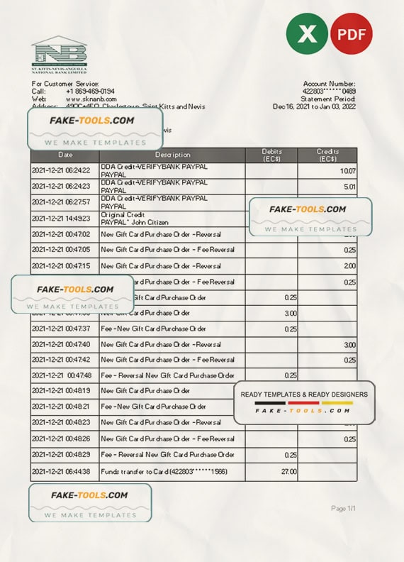 Saint Kitts and Nevis SKNA bank statement, Excel and PDF template Saint Kitts and Nevis SKNA bank statement, Excel and PDF template