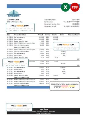 Saint Lucia Loyal bank statement, Excel and PDF template