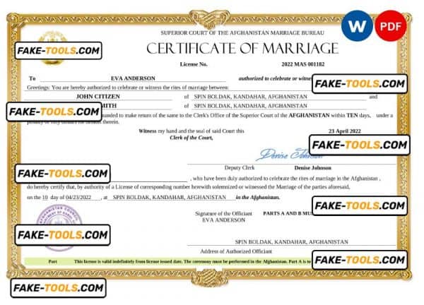 Afghanistan marriage certificate Word and PDF template, completely editable