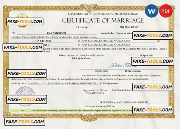Afghanistan marriage certificate Word and PDF template, completely editable
