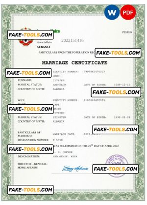 Albania marriage certificate Word and PDF template, fully editable