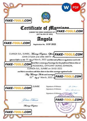 Angola marriage certificate Word and PDF template, completely editable