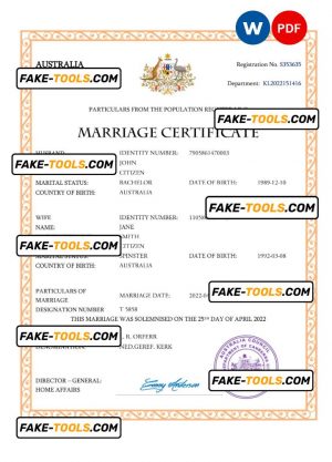 Australia marriage certificate Word and PDF template, completely editable