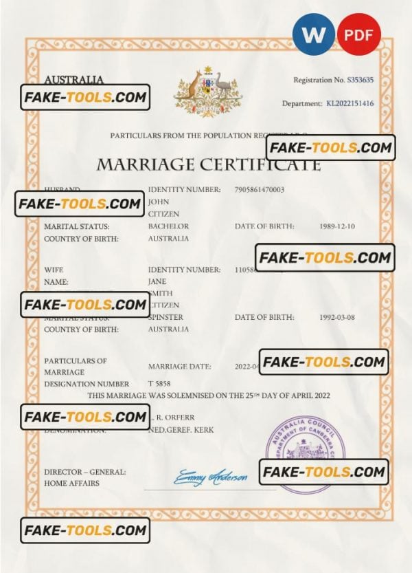 Australia marriage certificate Word and PDF template, completely editable