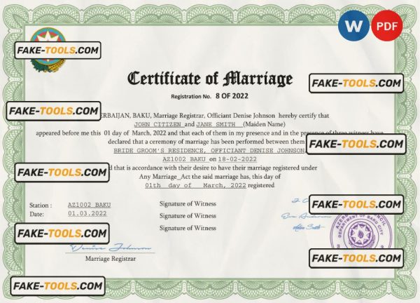 Azerbaijan marriage certificate Word and PDF template, fully editable