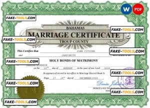 Bahamas marriage certificate Word and PDF template, completely editable