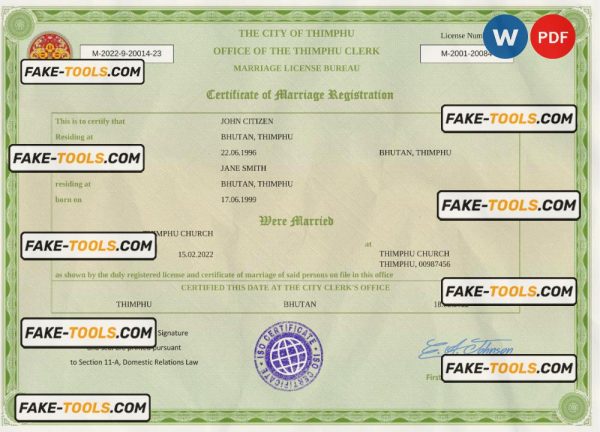 Bhutan marriage certificate Word and PDF template, fully editable