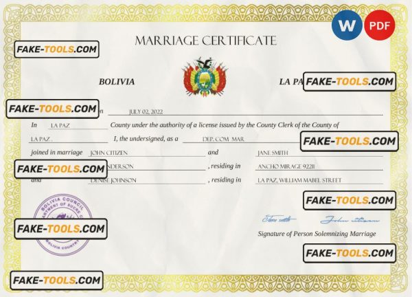 Bolivia marriage certificate Word and PDF template, completely editable
