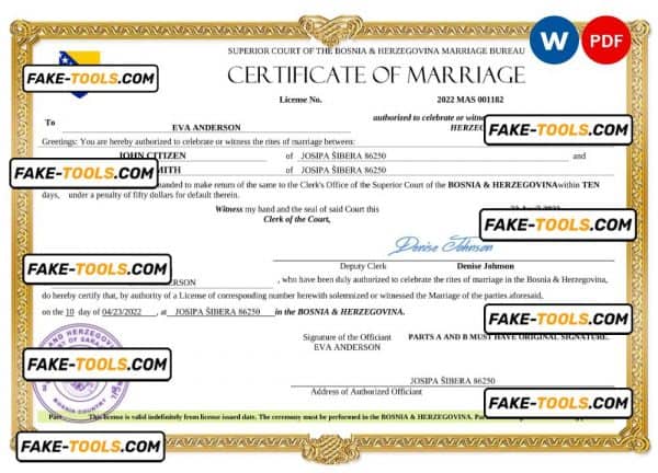Bosnia & Herzegovina marriage certificate Word and PDF template, fully editable