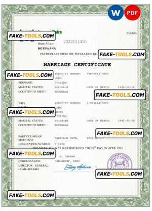 Botswana marriage certificate Word and PDF template, completely editable
