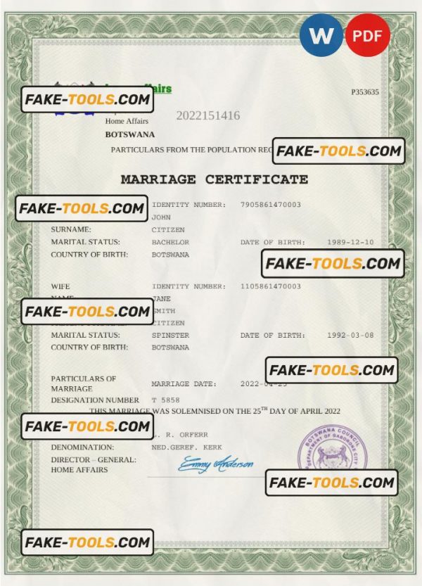 Botswana marriage certificate Word and PDF template, completely editable