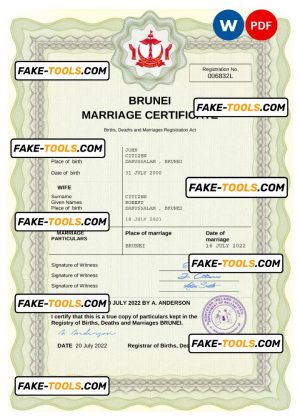 Brunei marriage certificate Word and PDF template, completely editable