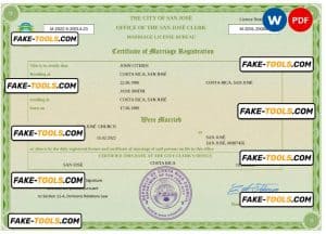 Costa Rica marriage certificate Word and PDF template, completely editable