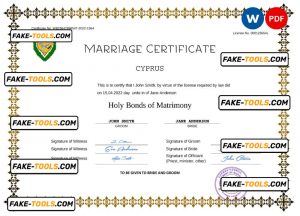 Cyprus marriage certificate Word and PDF template, completely editable