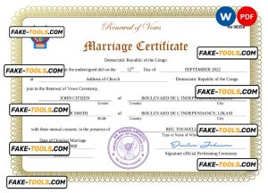 Democratic Republic of the Congo marriage certificate Word and PDF template, fully editable