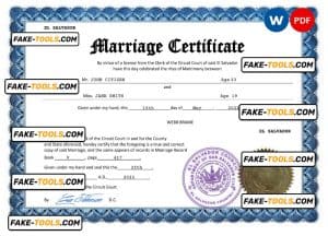 El Salvador marriage certificate Word and PDF template, fully editable