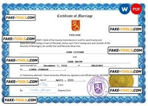 Finland marriage certificate Word and PDF template, fully editable