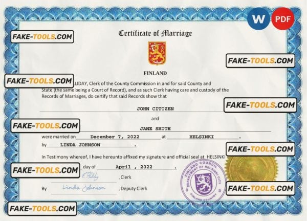 Finland marriage certificate Word and PDF template, fully editable