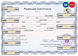 France marriage certificate Word and PDF template, completely editable