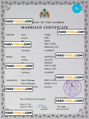 Gambia marriage certificate PSD template, completely editable